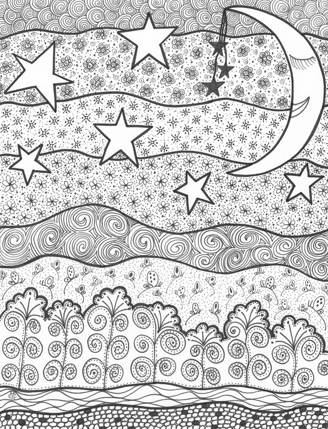 Adult Coloring Page Moon Sun Stars Starry Night 10 Pages