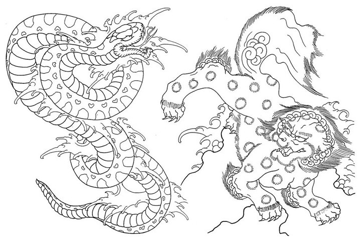 art therapy coloring page japan  japan lion and snake 6