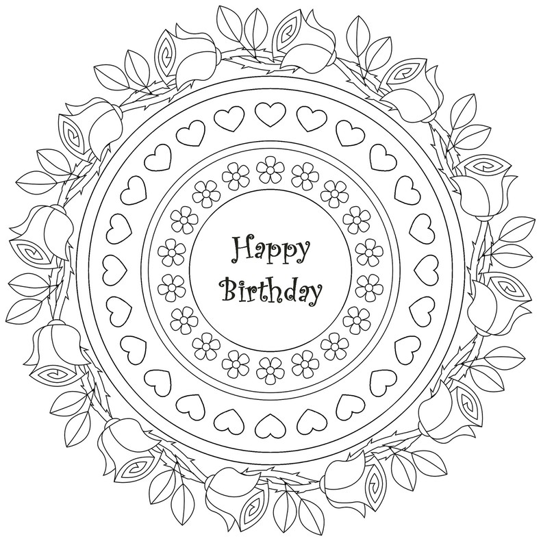 Adult Coloring Page Happy Birthday Mandala 8 Pages