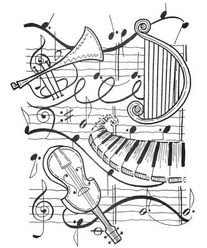 Adult coloring page music : Harp, trumpet, violin, piano 2