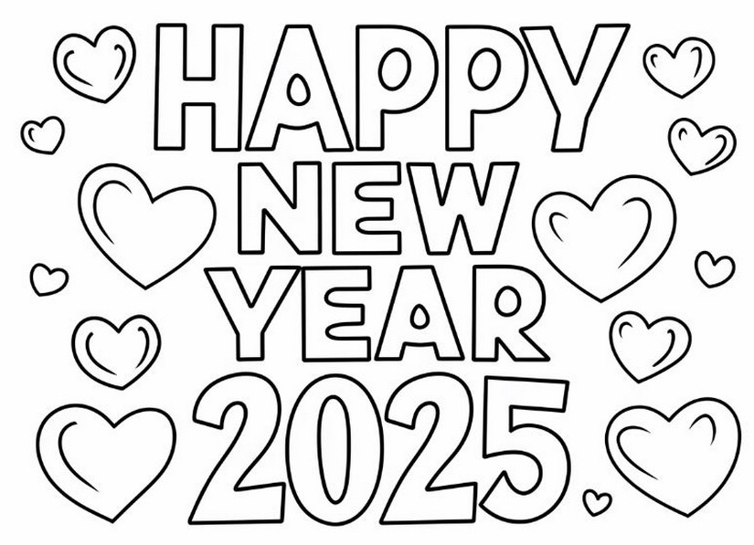 Art Therapy coloring page Happy New Year 2025 Hearts 2