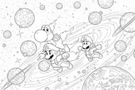 Disegno da colorar antistress Mario, Luigi e Yoshi nello spazio