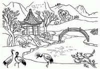 Coloriage anti-stress Paysage chinois