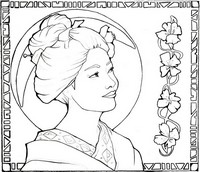 Coloriage anti-stress Japon: Geisha au clair de lune