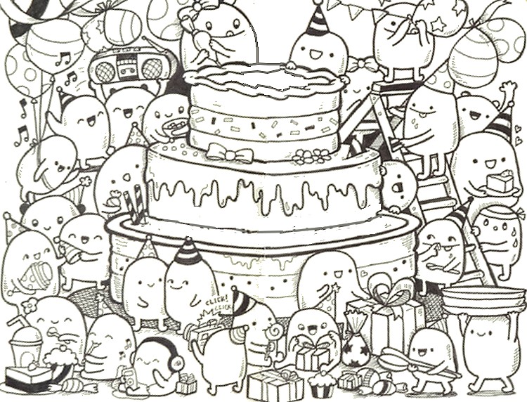 Art Therapy Coloring Page Happy Birthday Doodle Cake 9