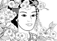 Kolorowanka Japonia: Geisha w ogrodzie